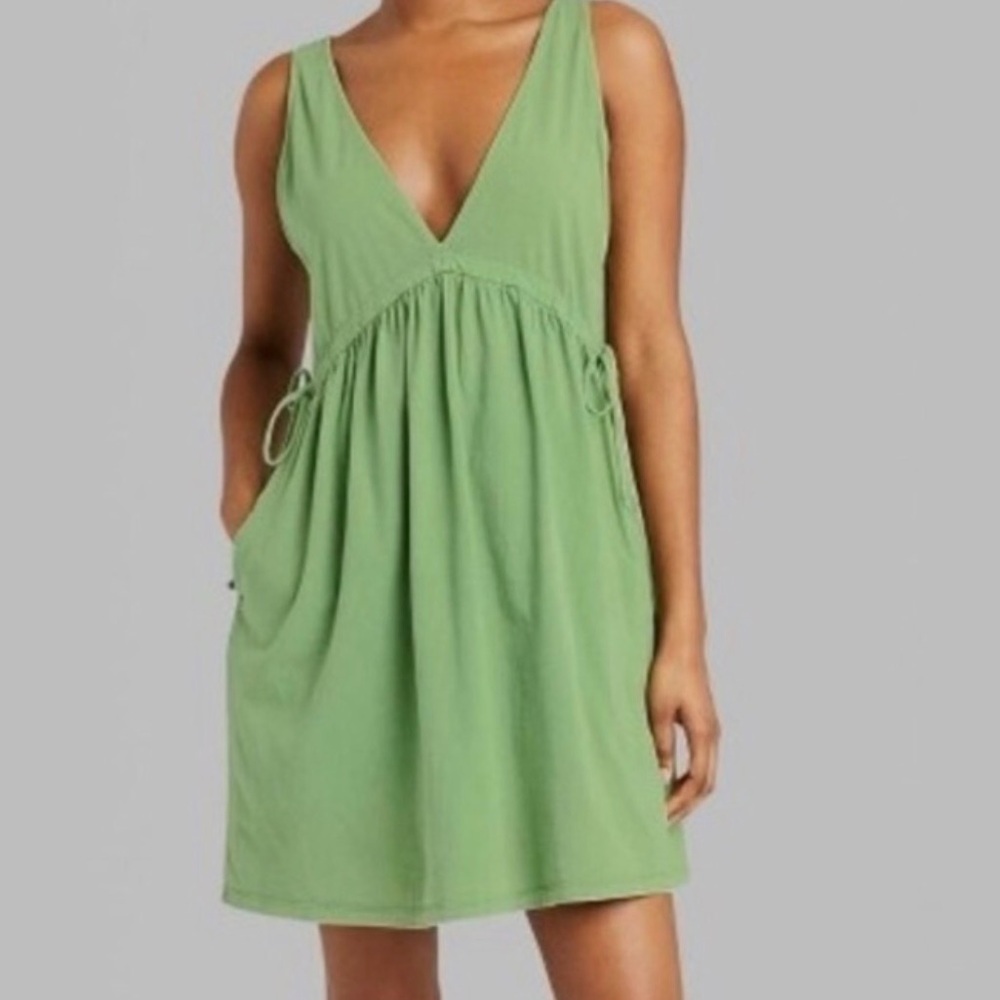 Green Tie Waist V-Neck Mini Dress